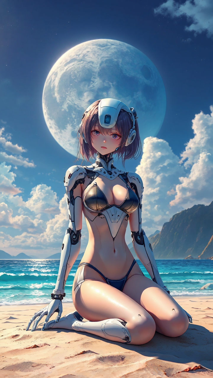 A robotic girl sits