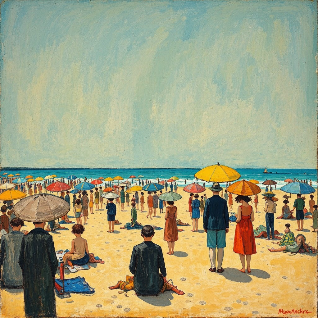 People sitting under colorful