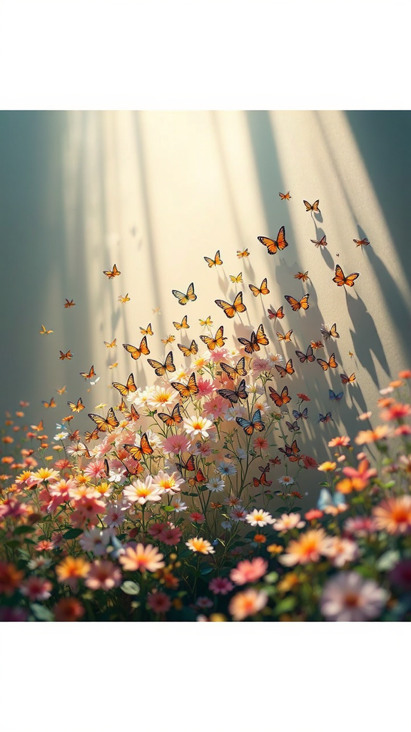 Butterflies swarming around flowers.