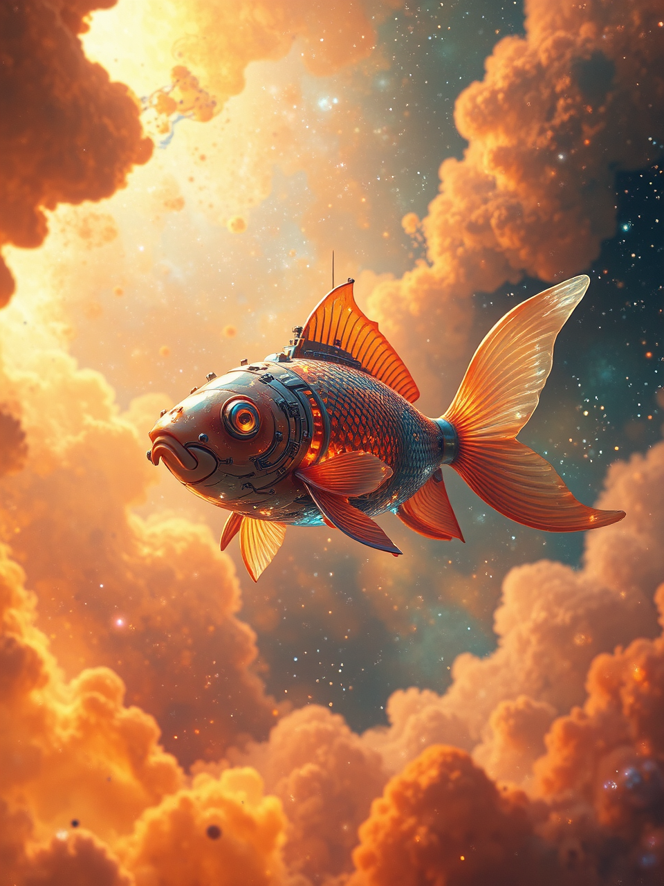 Goldfish-themed spaceship in nebula.
