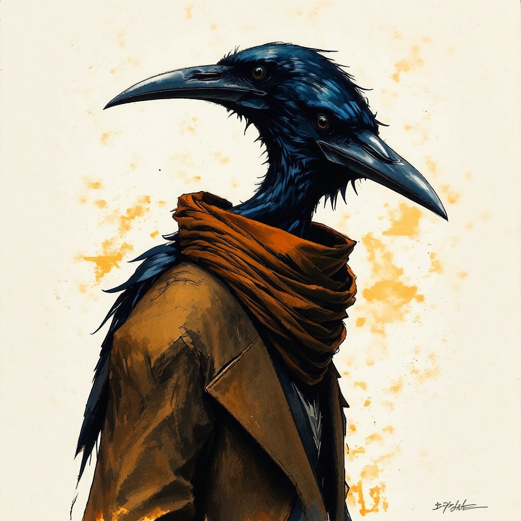 Elongated human-raven hybrid in