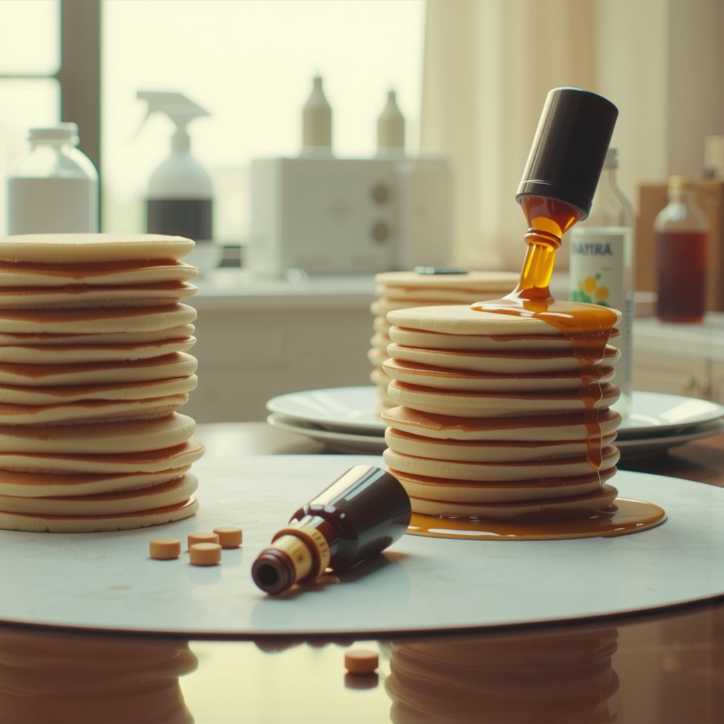 Syrup bottle hits pancake