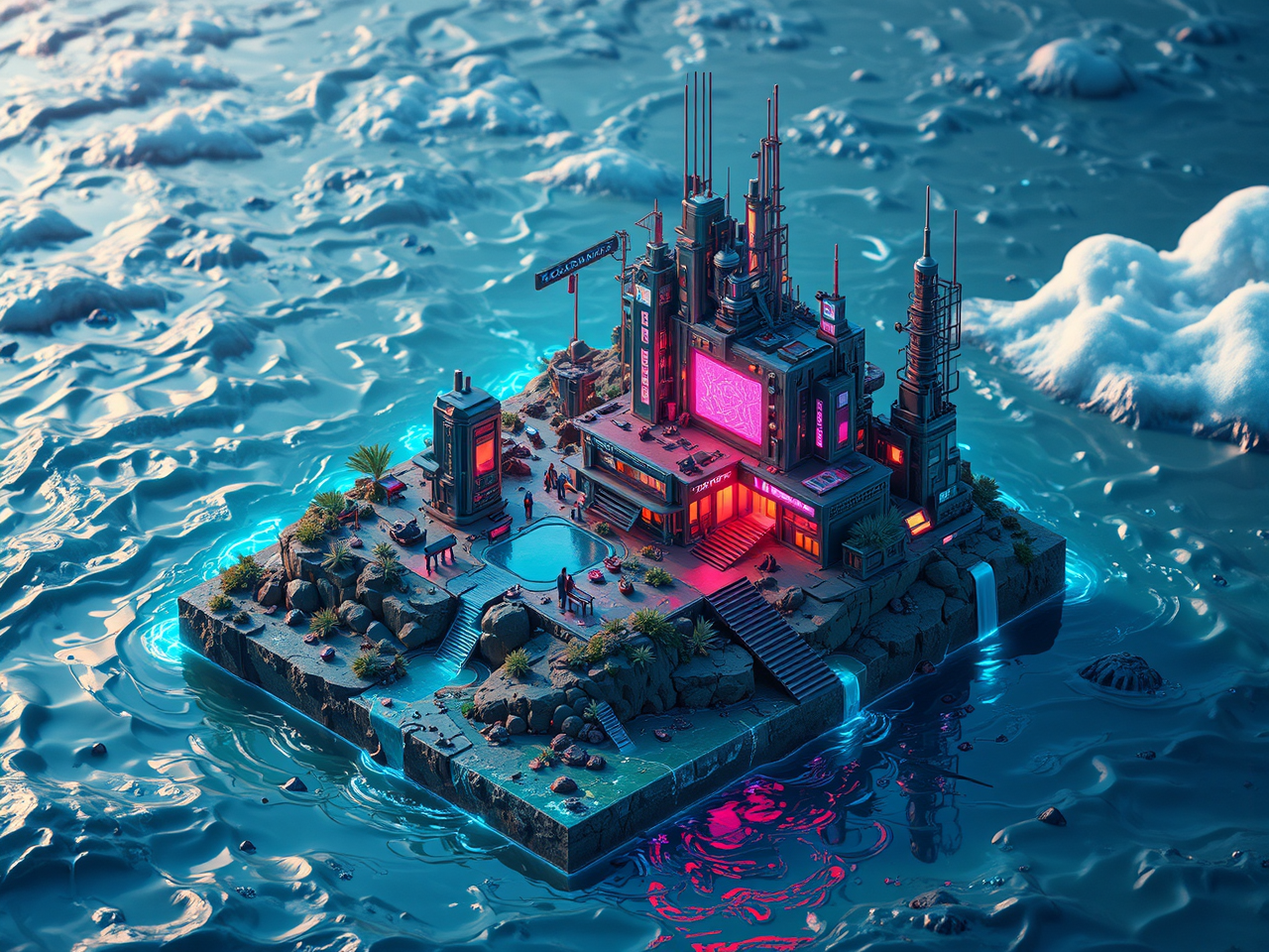 Isometric cyberpunk diorama underwater