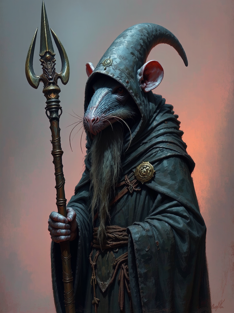 Grey-skinned Skaven with staff.