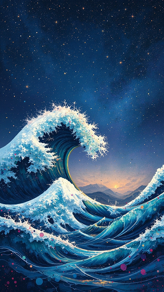 Waves crashing under starry