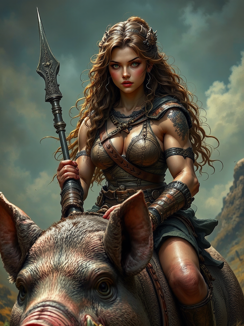Heroine rides large pig