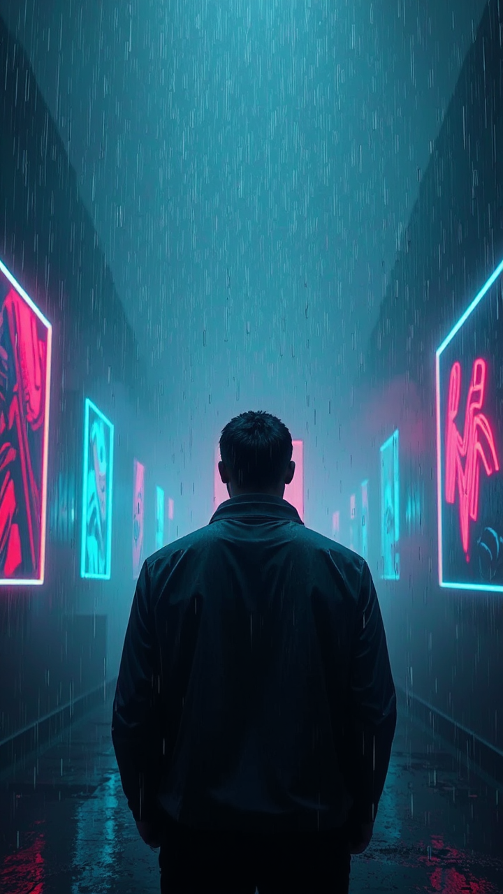 Man in rainy city
