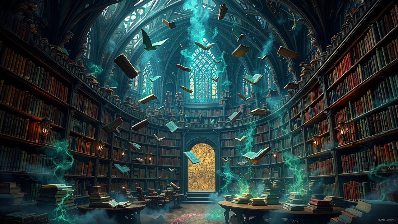 Library with levitating bookshelves.