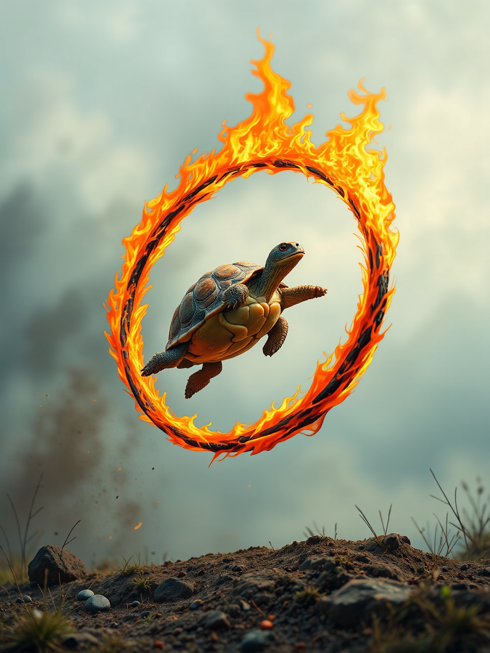 Tortoise jumps through flaming