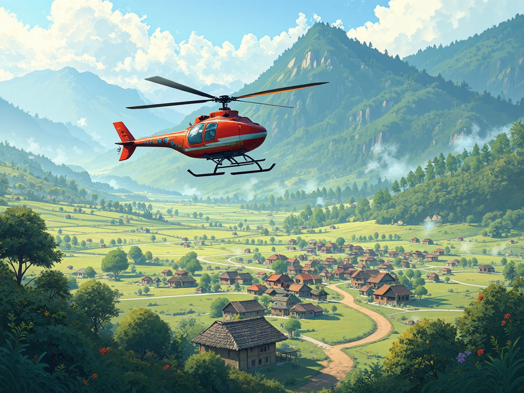 Helicopter over rural village