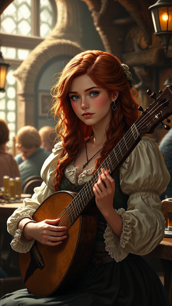 Female bard plays lute