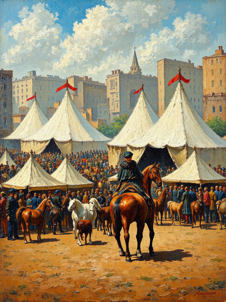 Crowd outside horse-drawn tents.