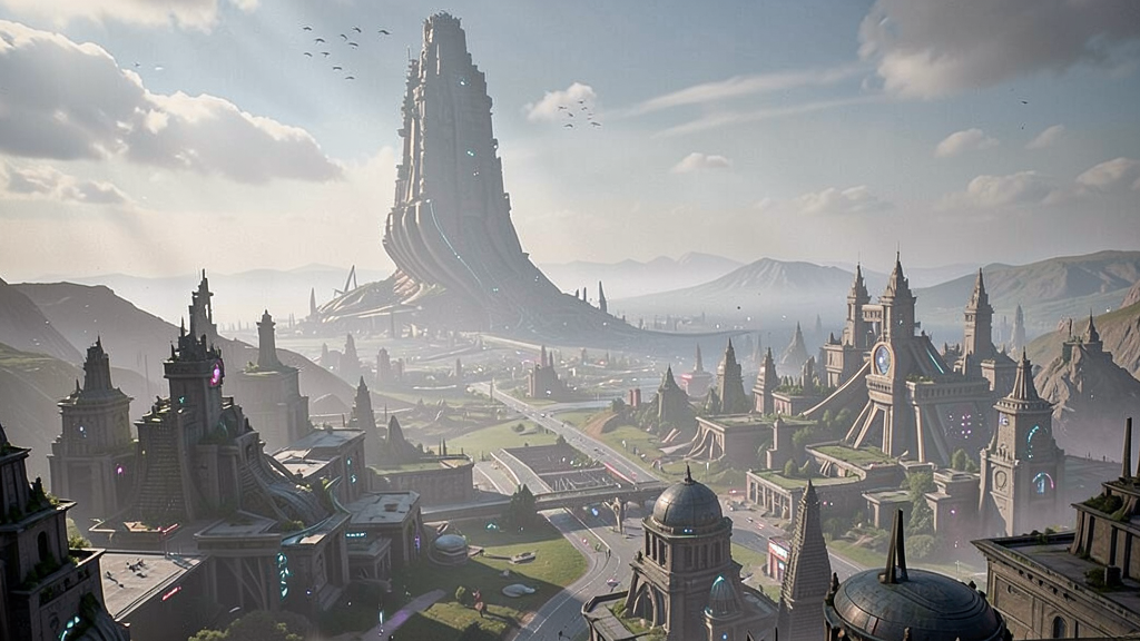 Alien city landscape, a towering megastructure looms in the distance