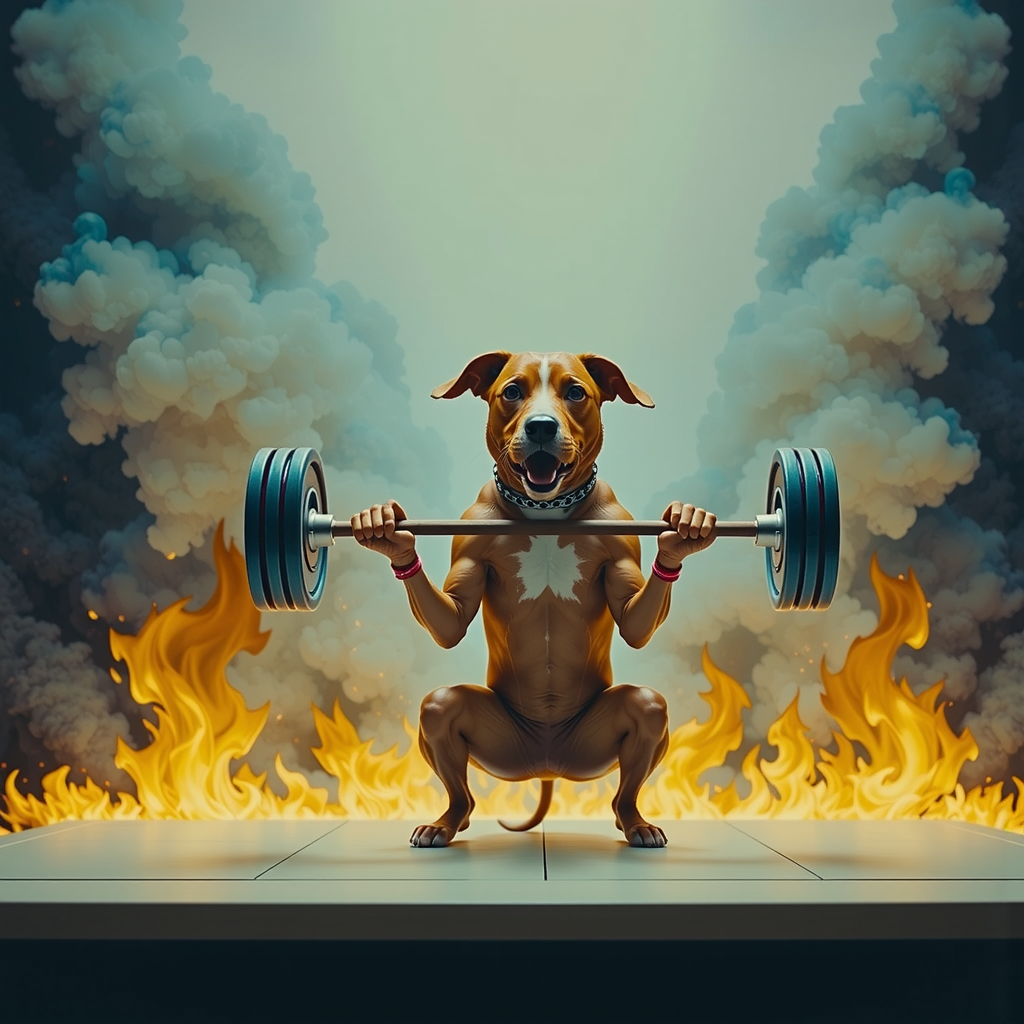 A dog lifting weights