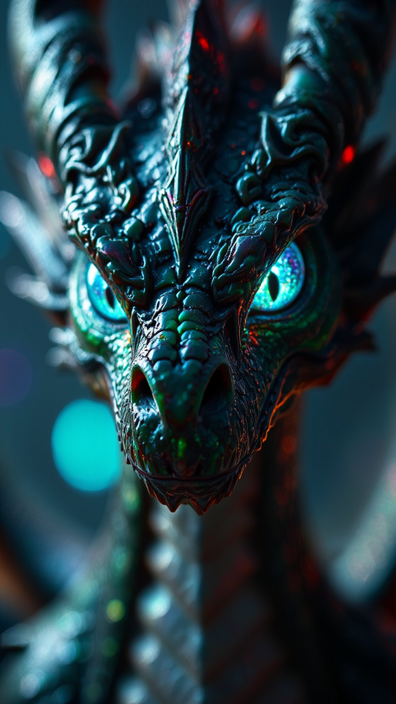 Dragon's iridescent glowing eyes.