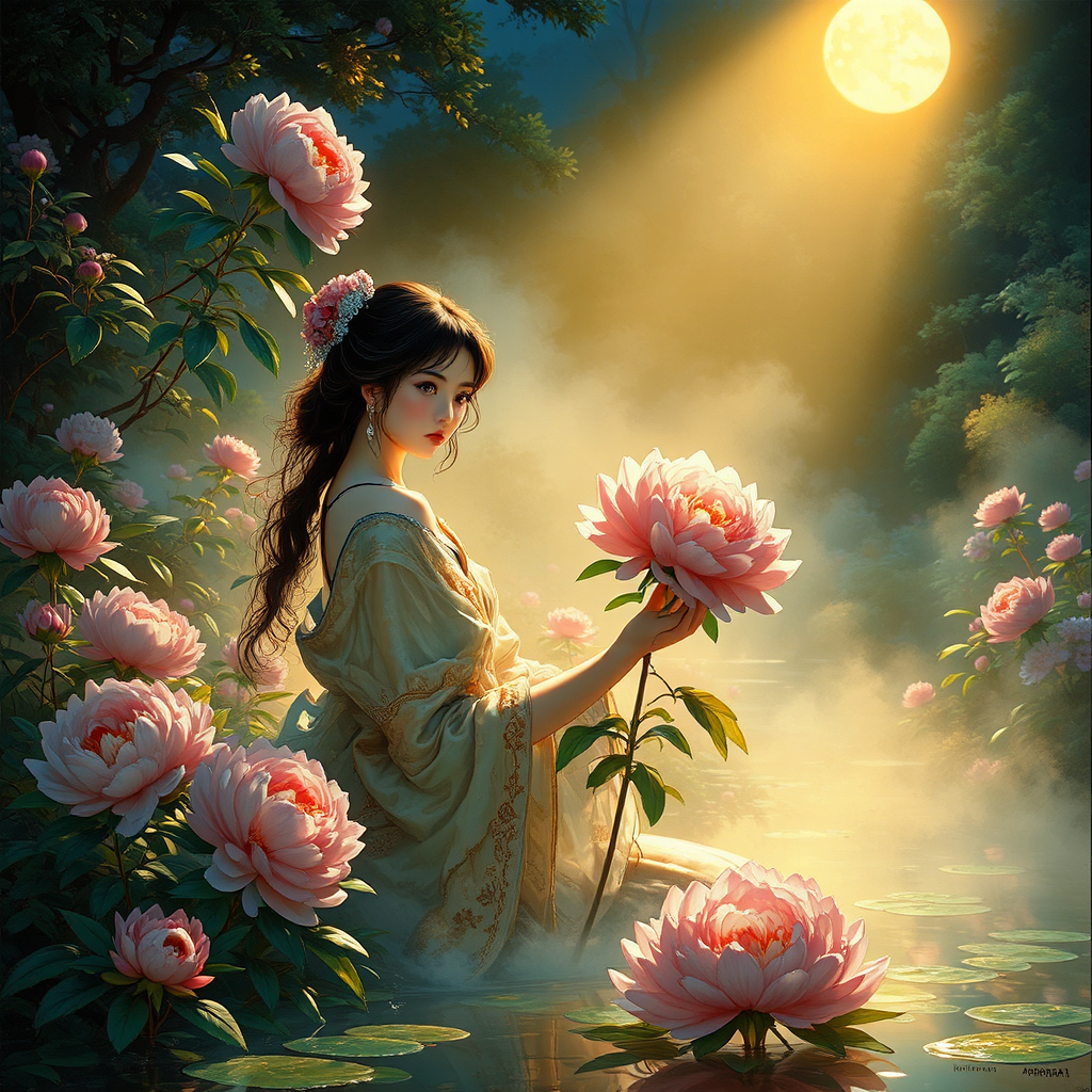 Woman tending to peonies