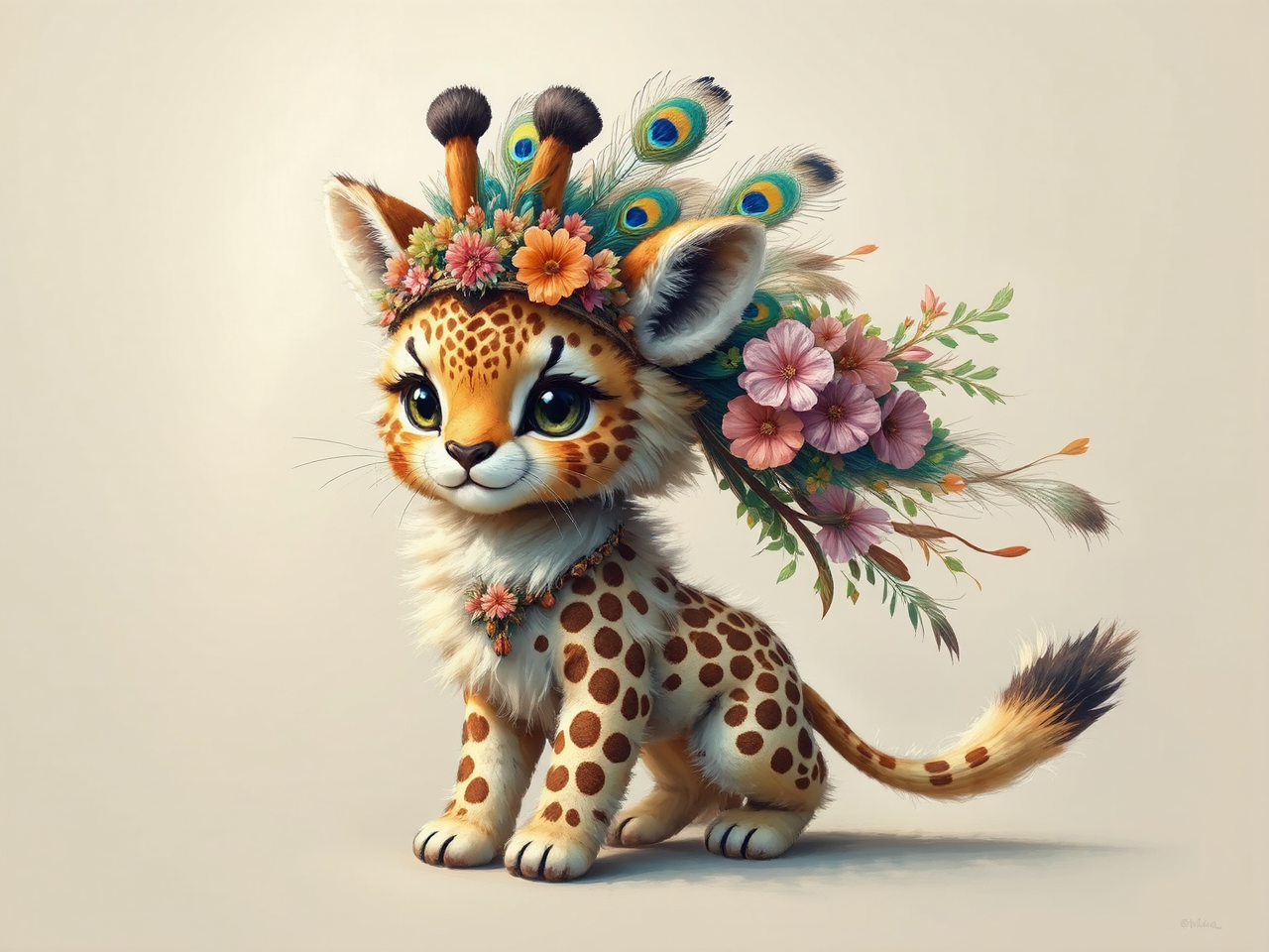 Cute cat-cheetah-lion-giraffe hybrid creature.