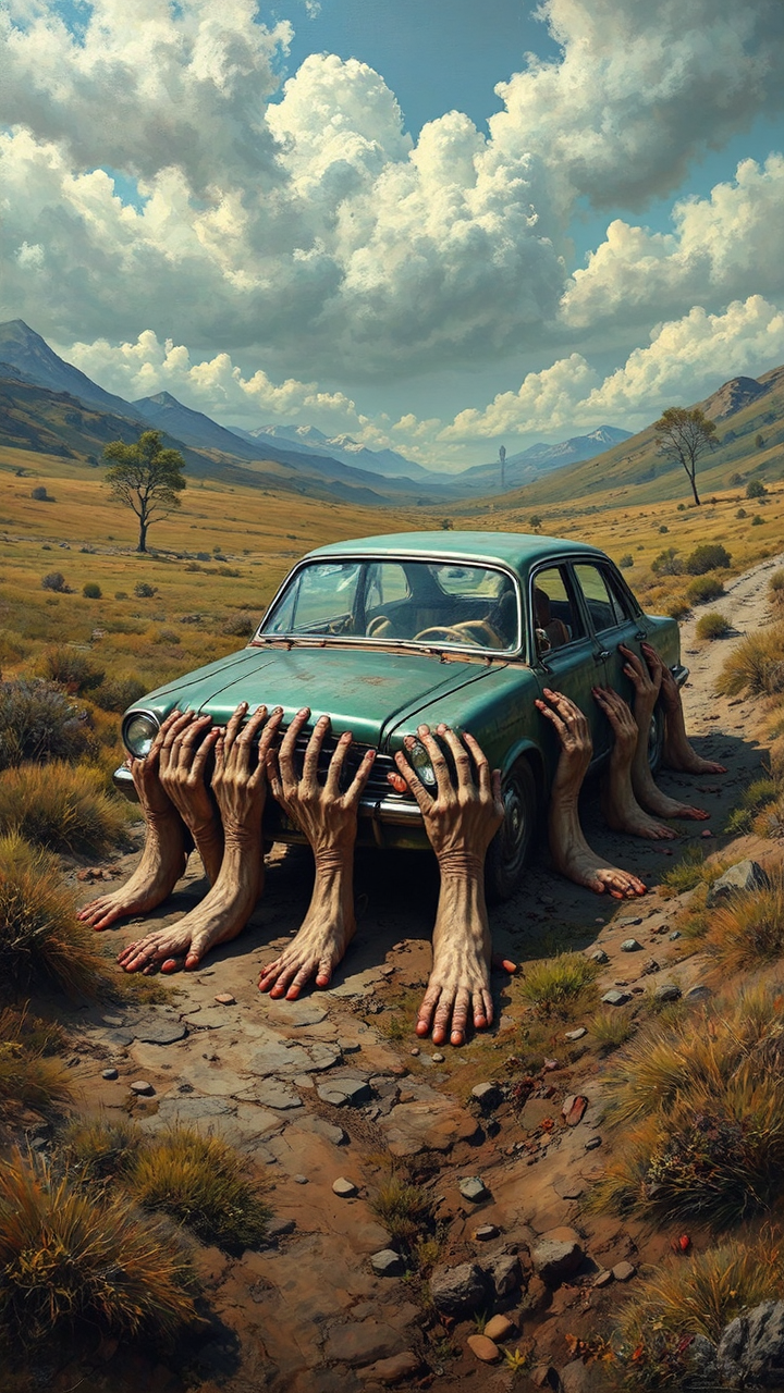 A surrealistic car landscape