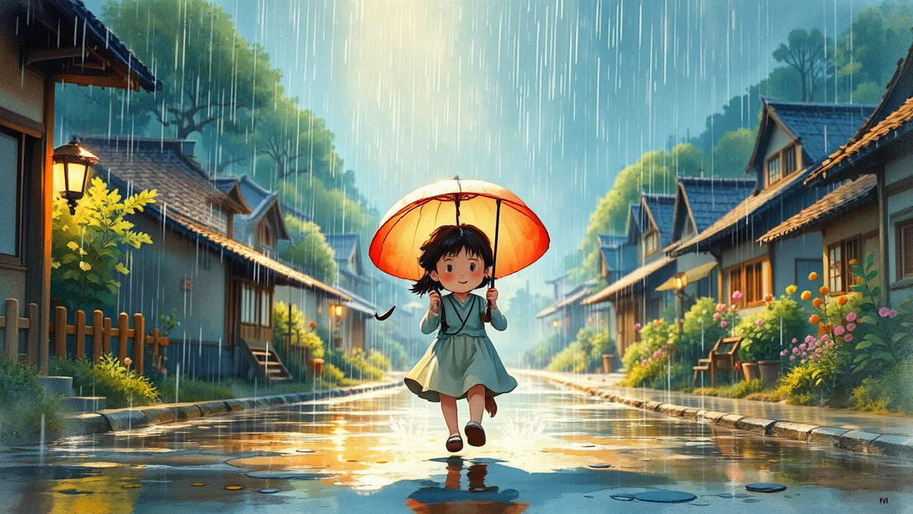 Child runs with umbrella