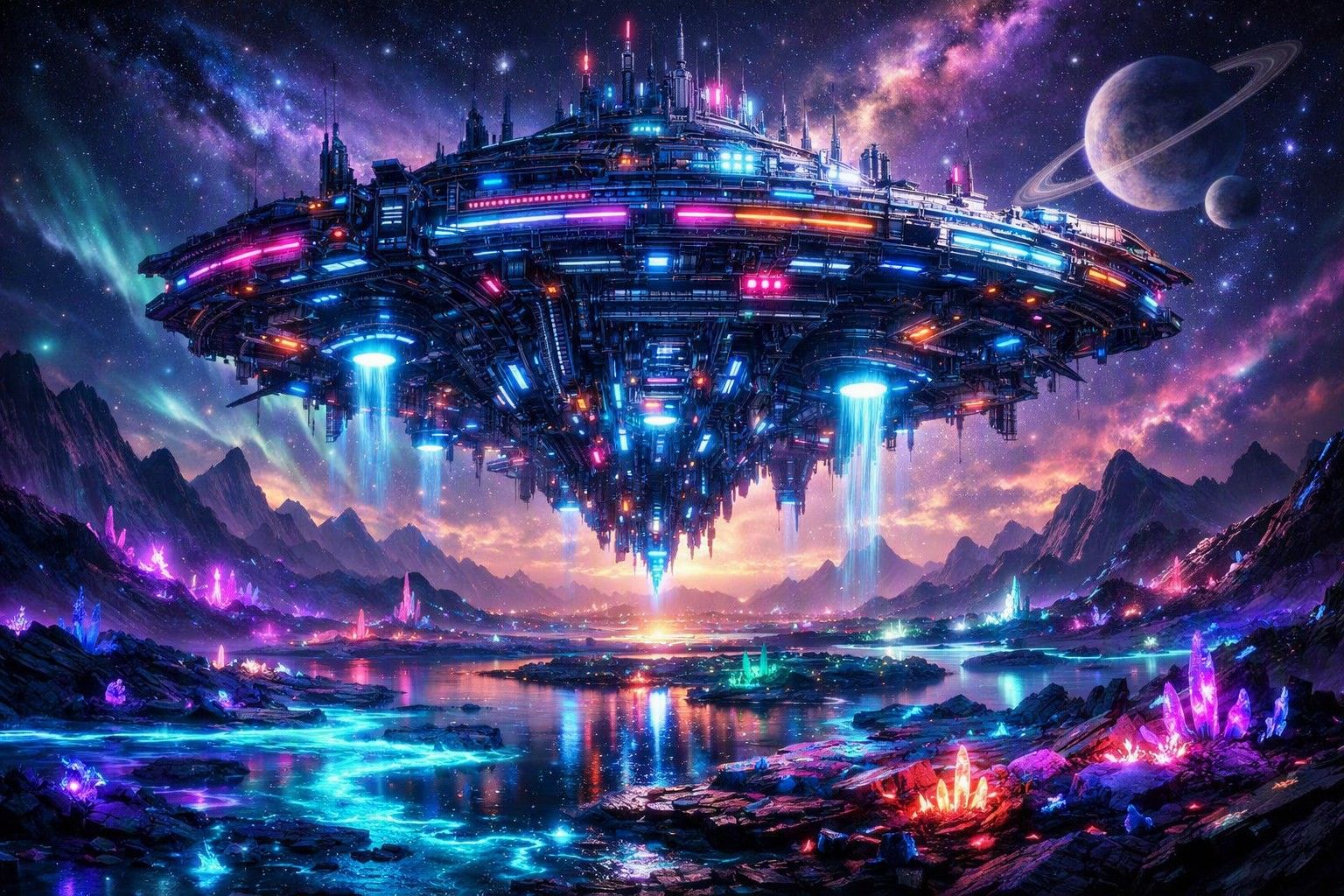 neon cyberpunk megastructure hovers