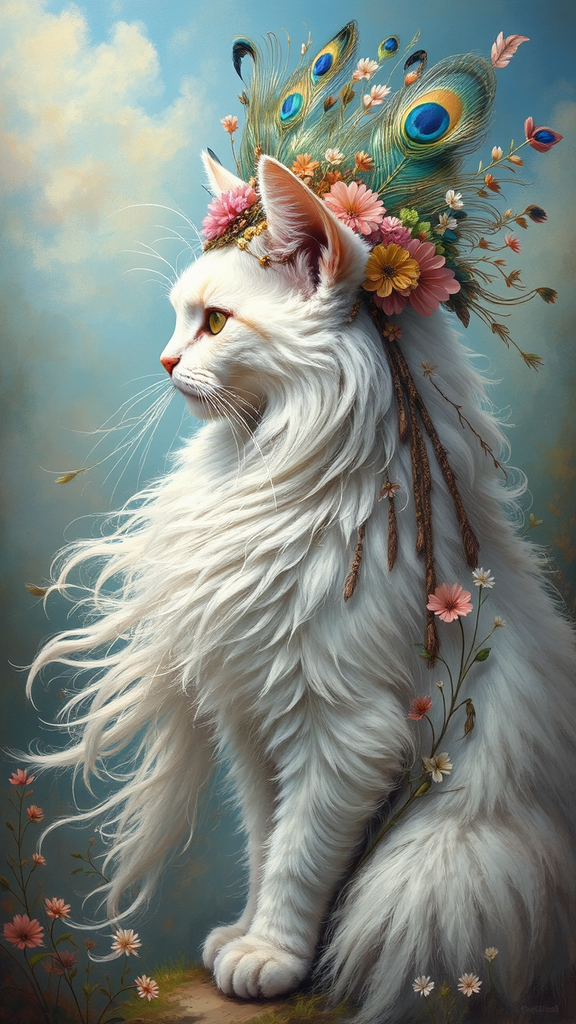 Tabby cat with peacock