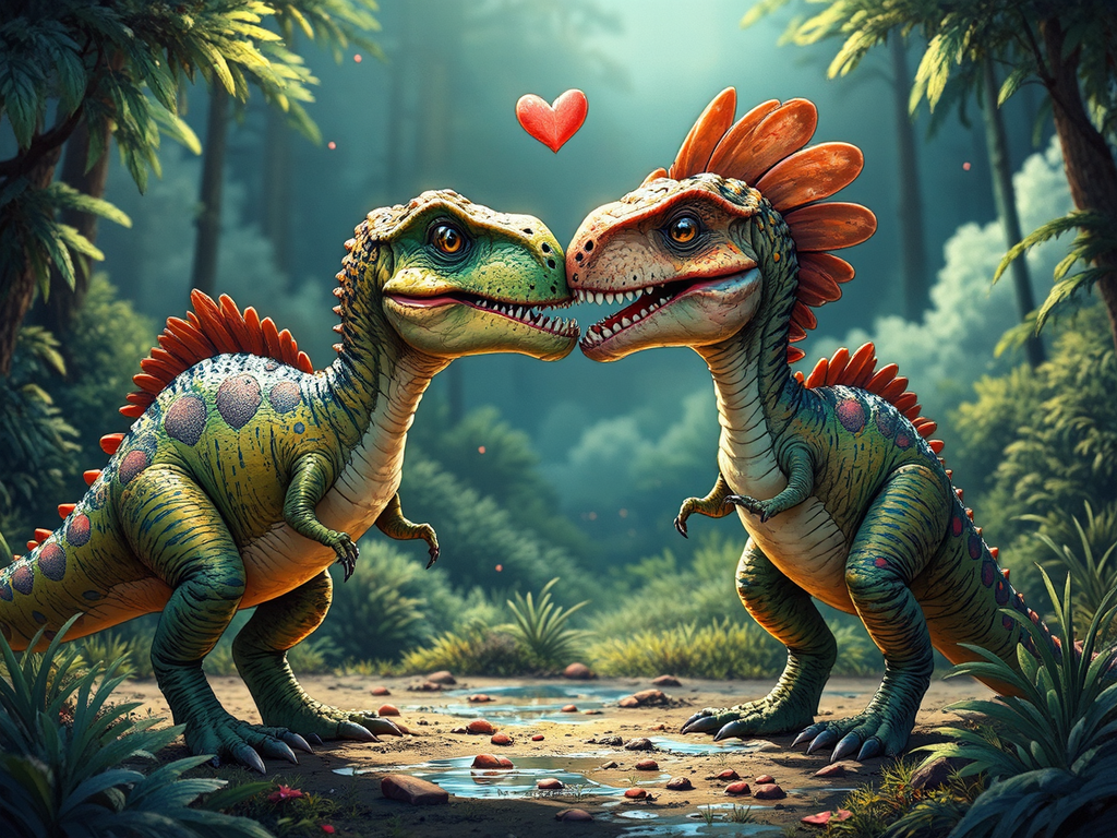 Two dinosaurs embracing each