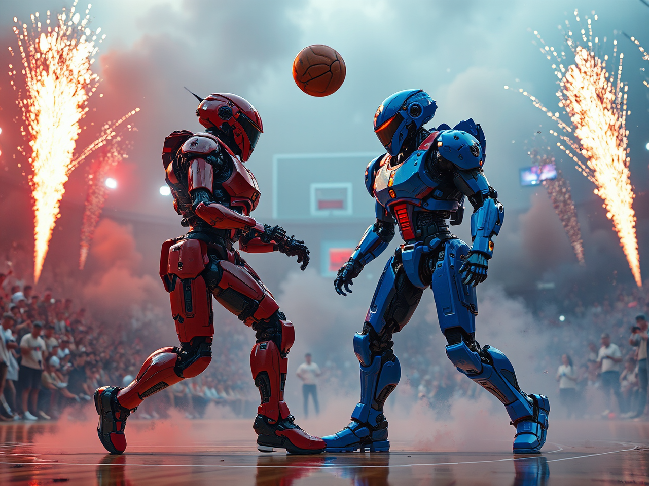 Mech-suit basketball game scene.