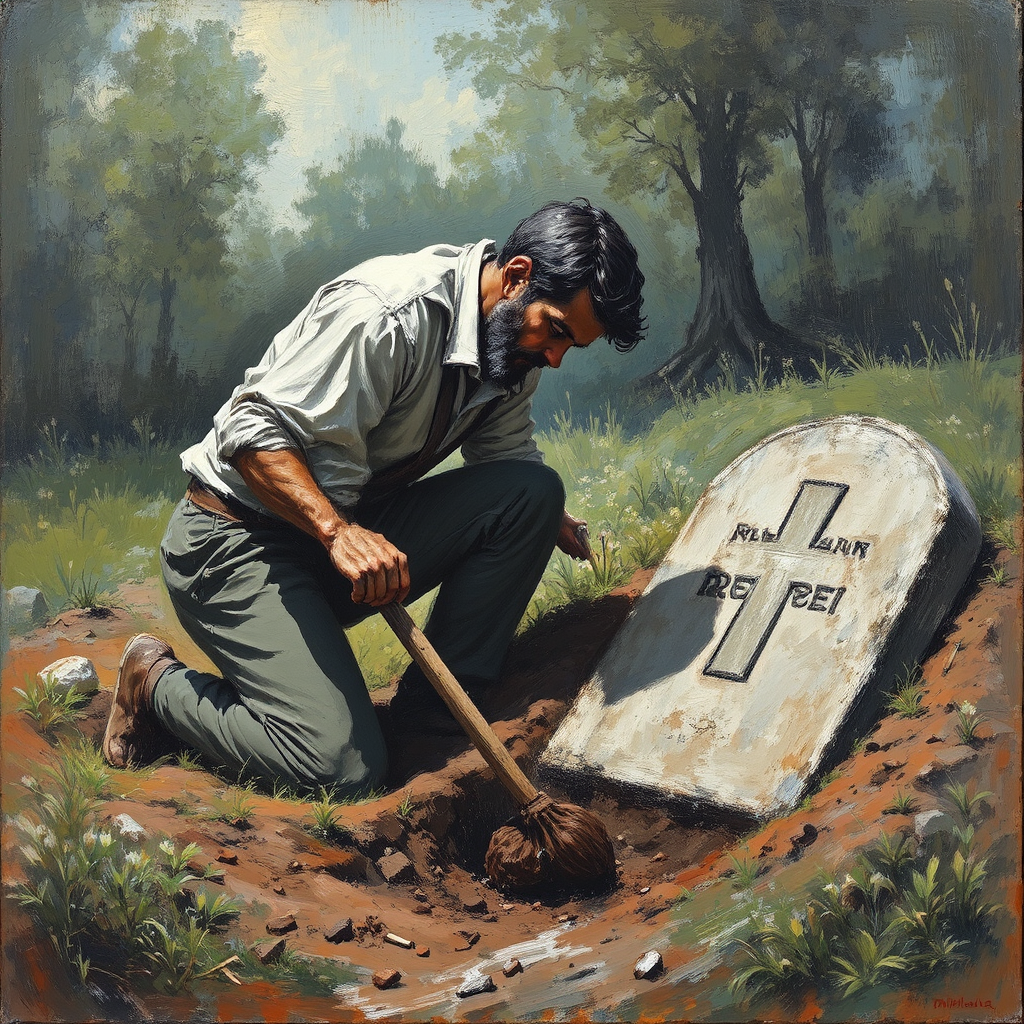 A solemn man digs