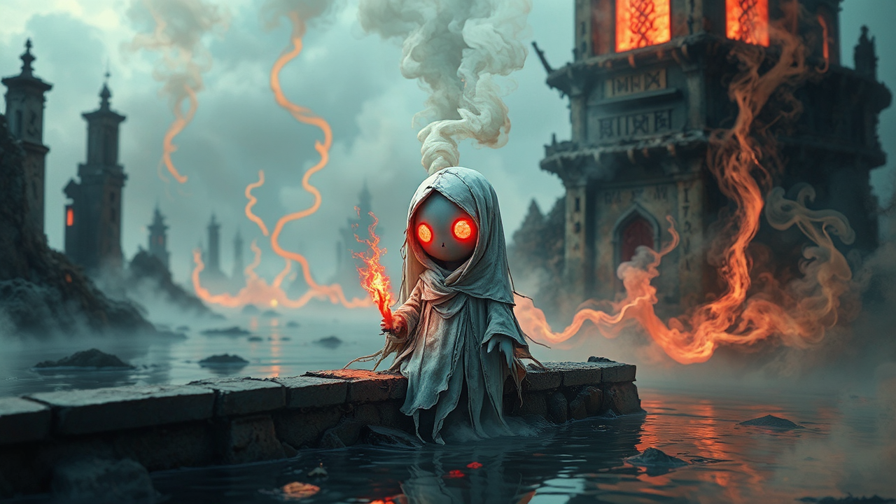 Girl in ruined watchtower.