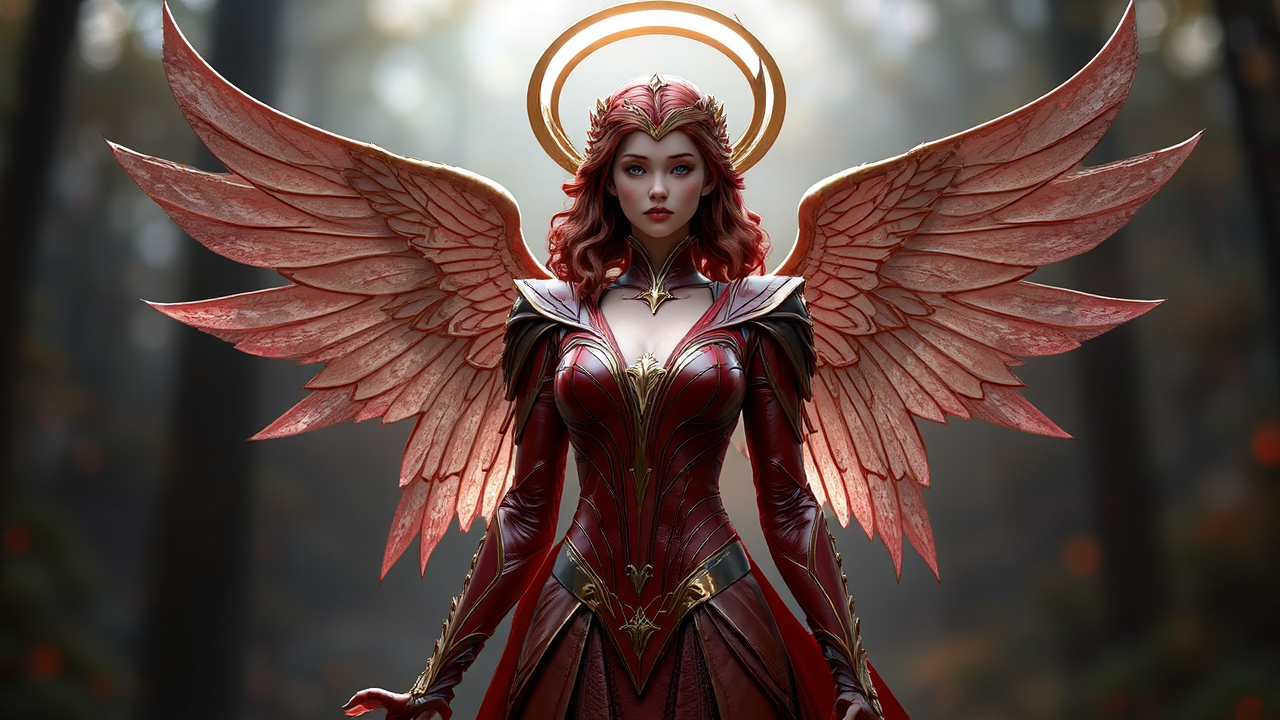 Female in angel-like, red