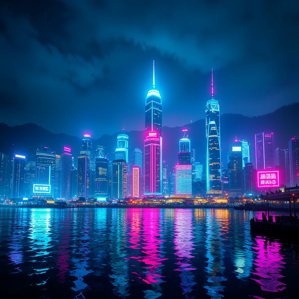 Neon-lit Hong Kong skyline