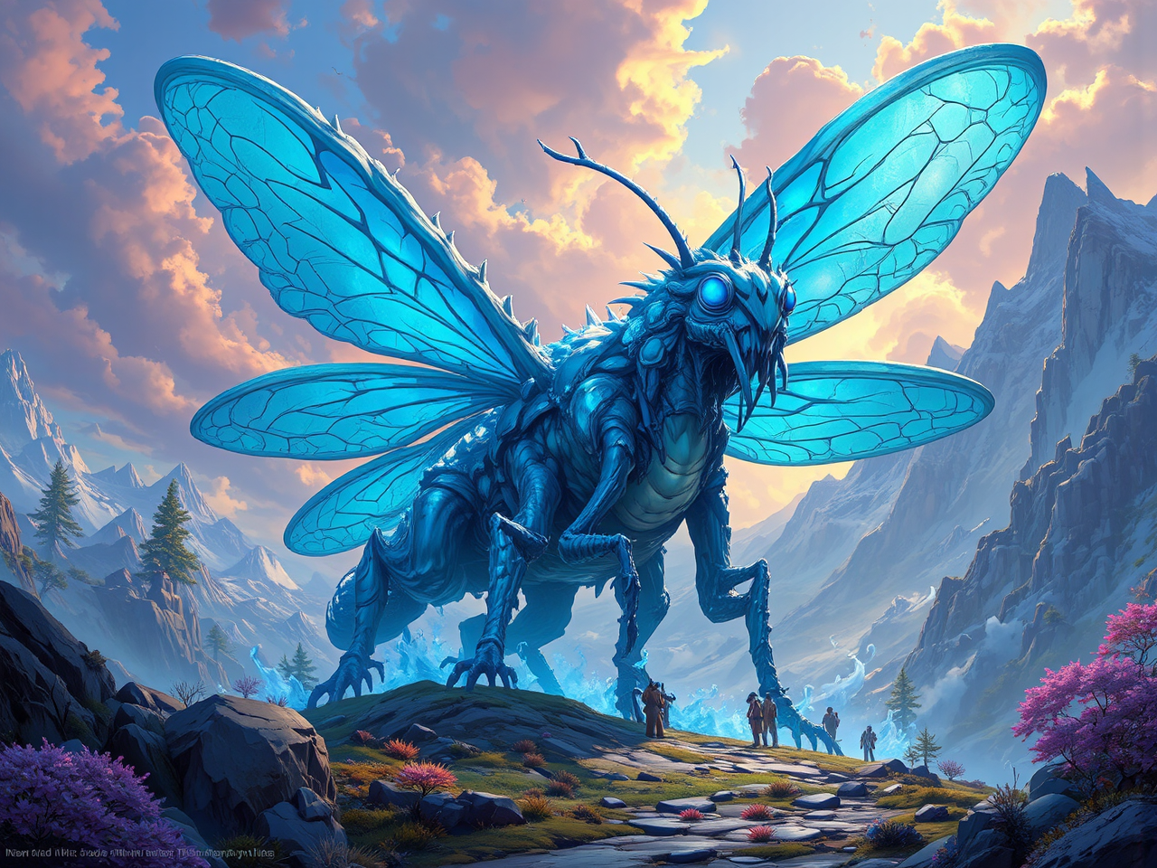 Azure-skinned dragon riding skitterfly.
