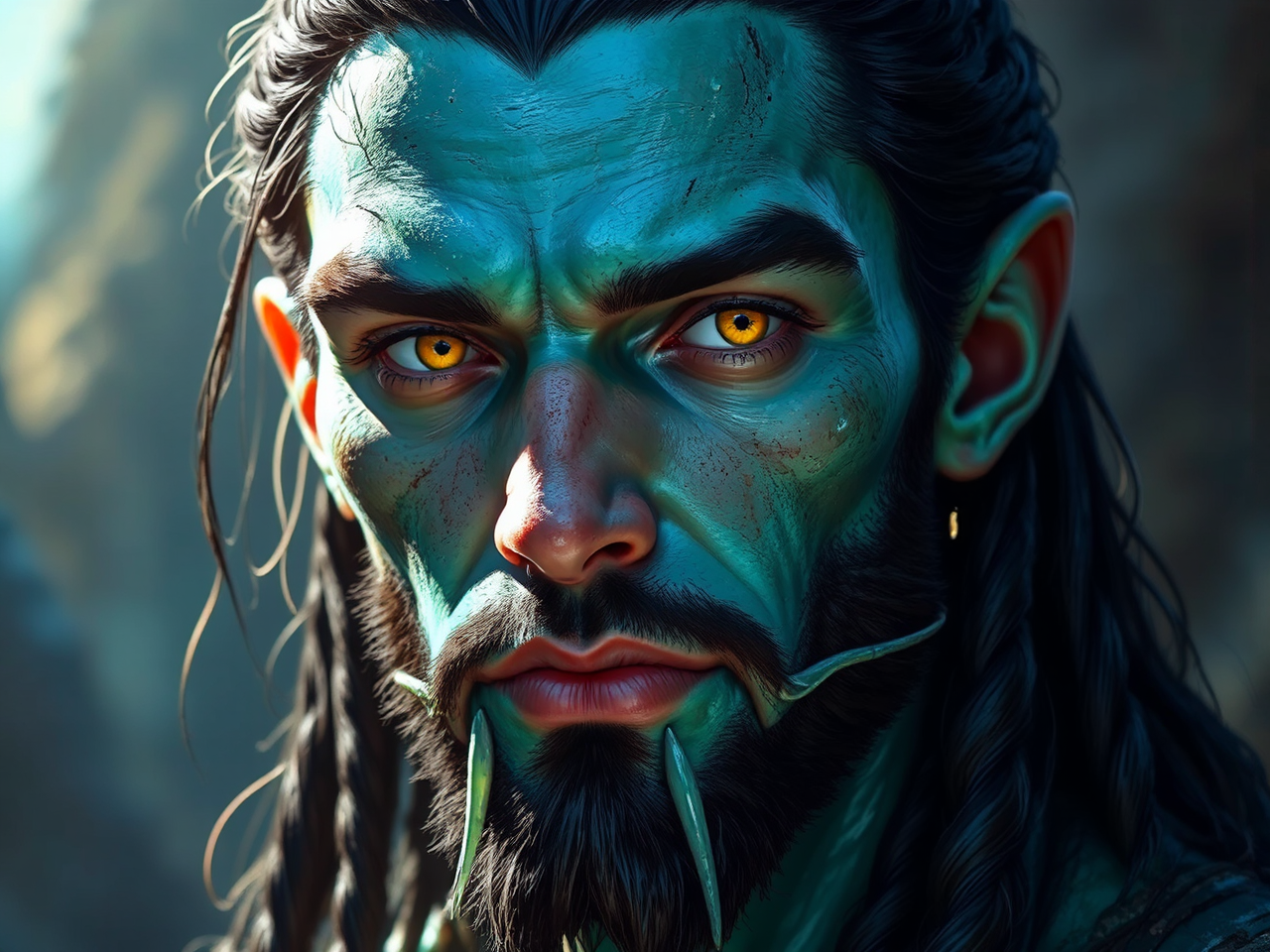 Turquoise-skinned humanoid male portrait.