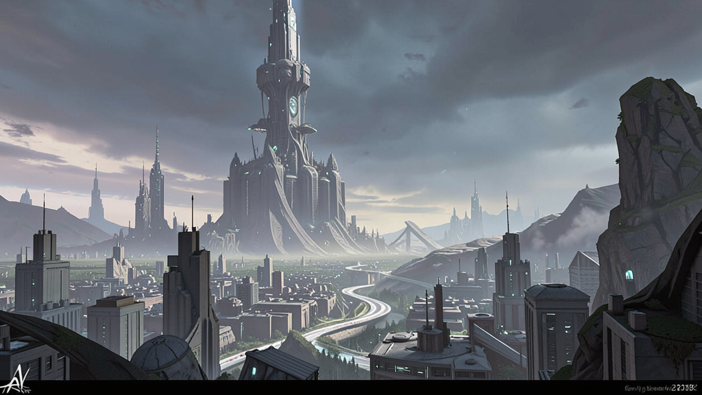 Alien city landscape, a towering megastructure looms in the distance