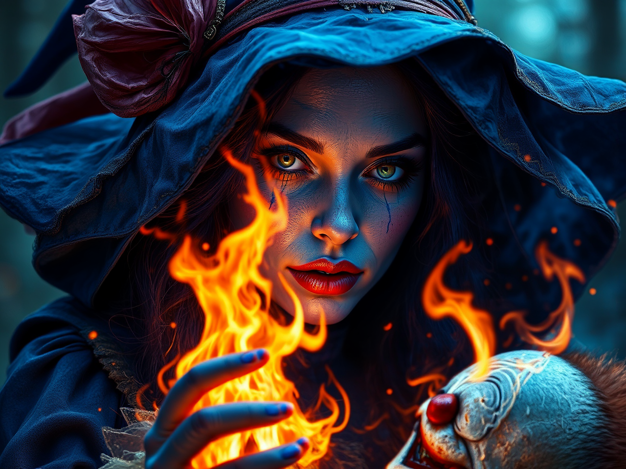Blue witch casts fire