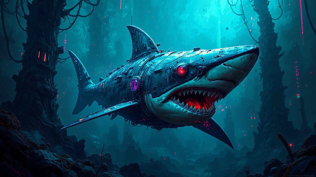 Cyberpunk shark in a