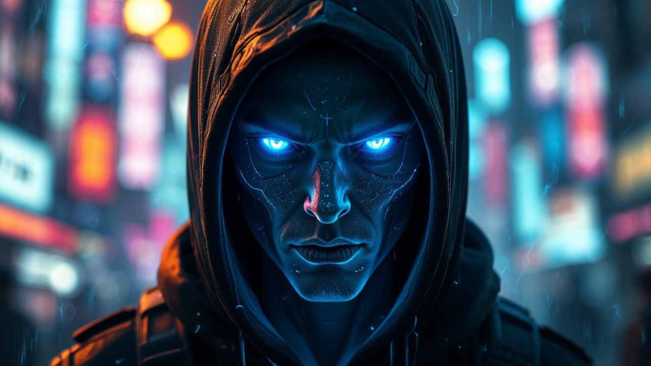 Dark-clad figure with blue