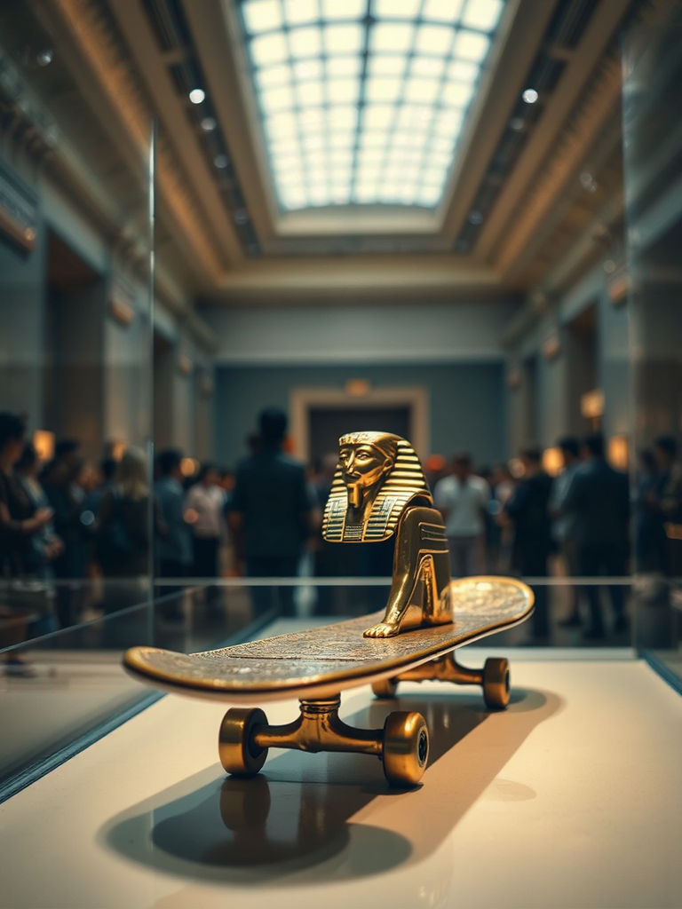 Golden skateboard on exhibit