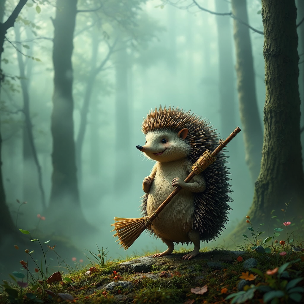 Hedgehog stands in misty