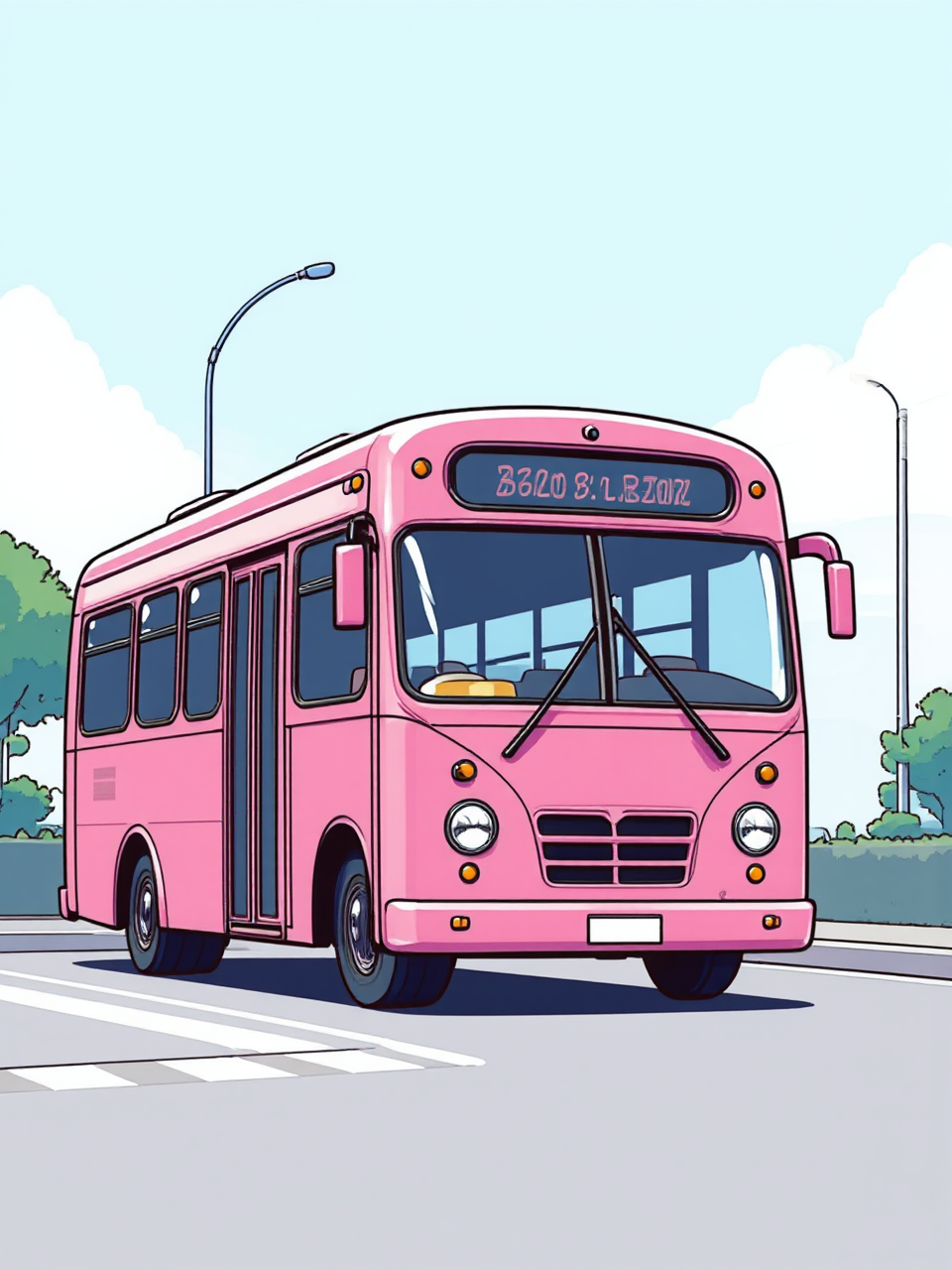 A pink, cartoon-style bus.
