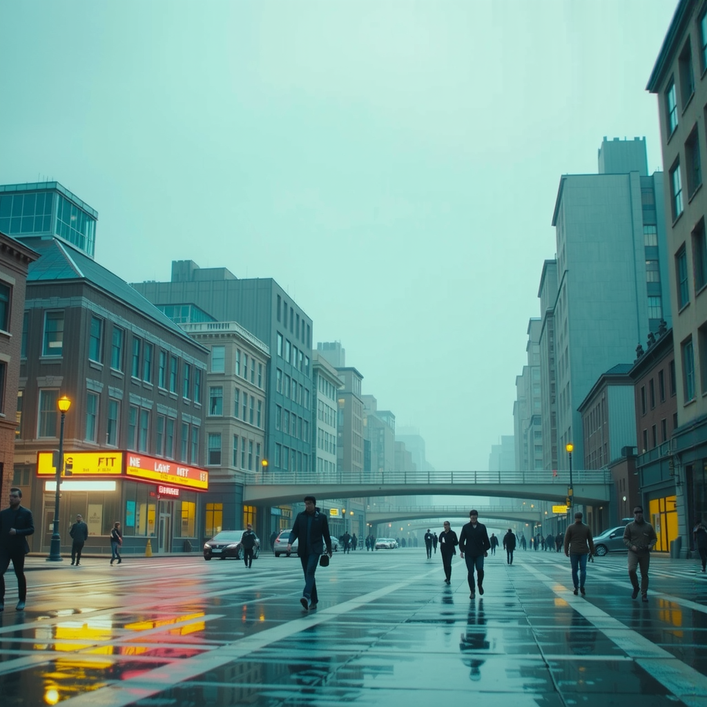 A rainy Pripyat cityscape