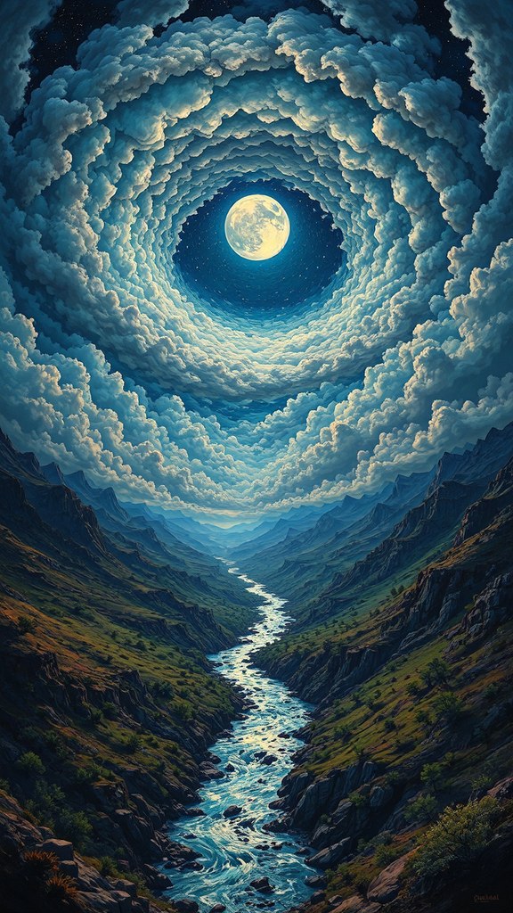 River and moonlit swirling