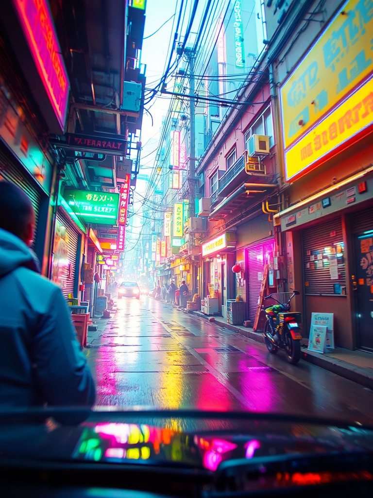 Alleyway with neon city