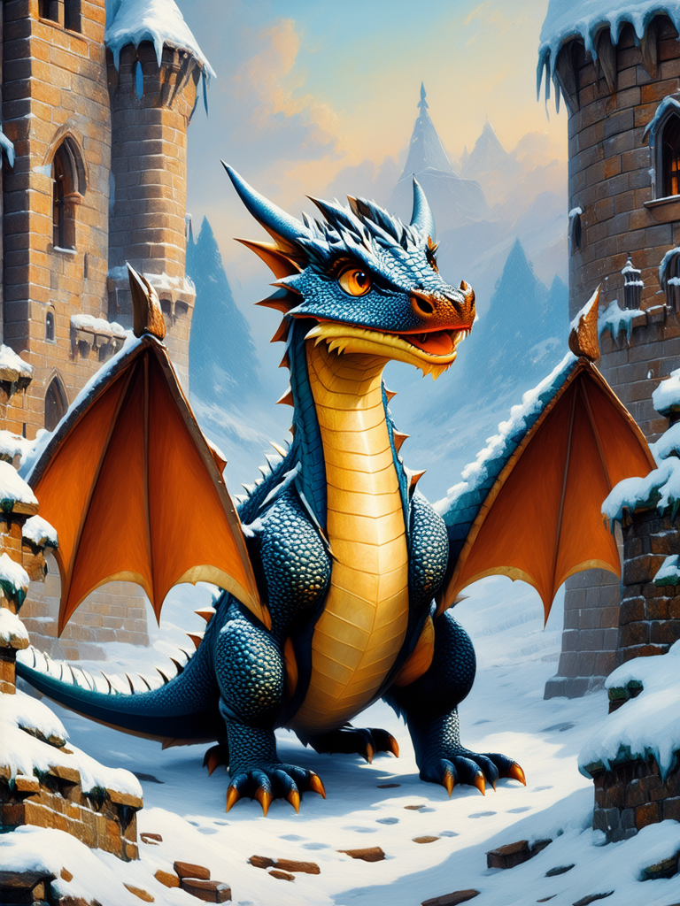 Friendly dragon near snow-covered
