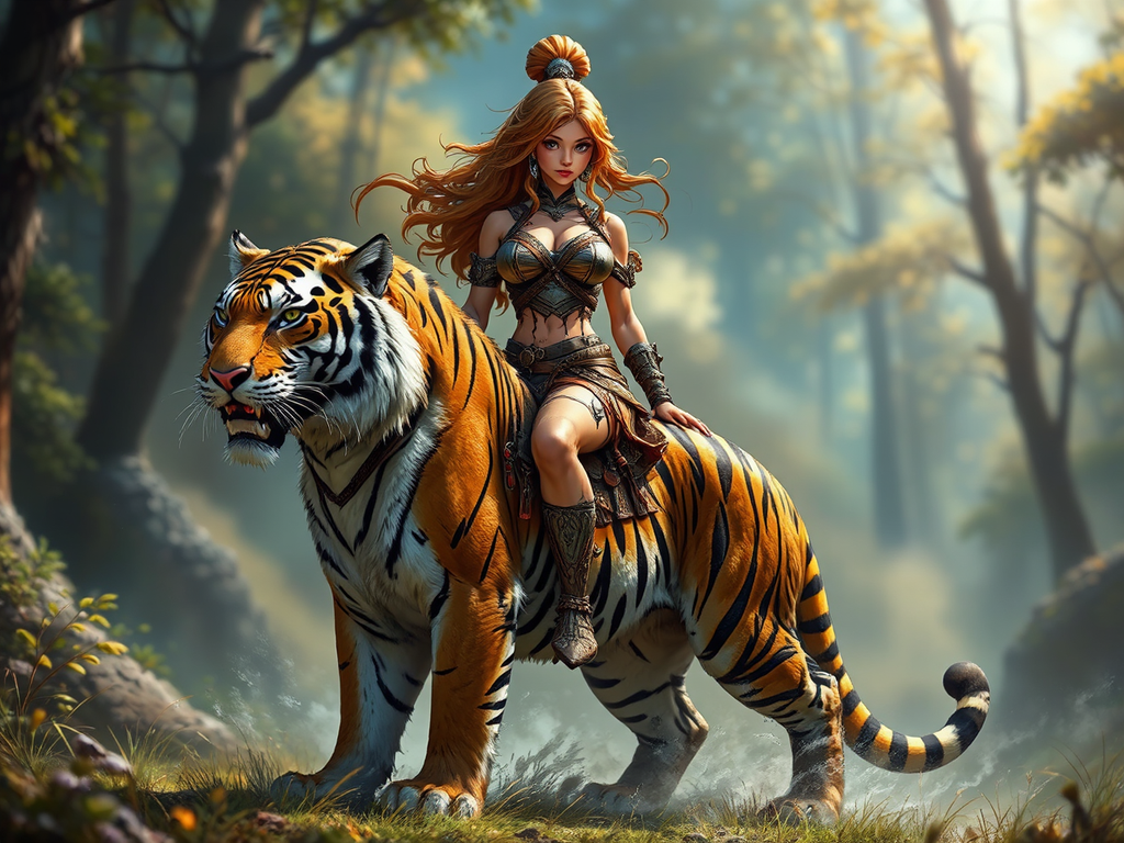 Muscled female warrior rides