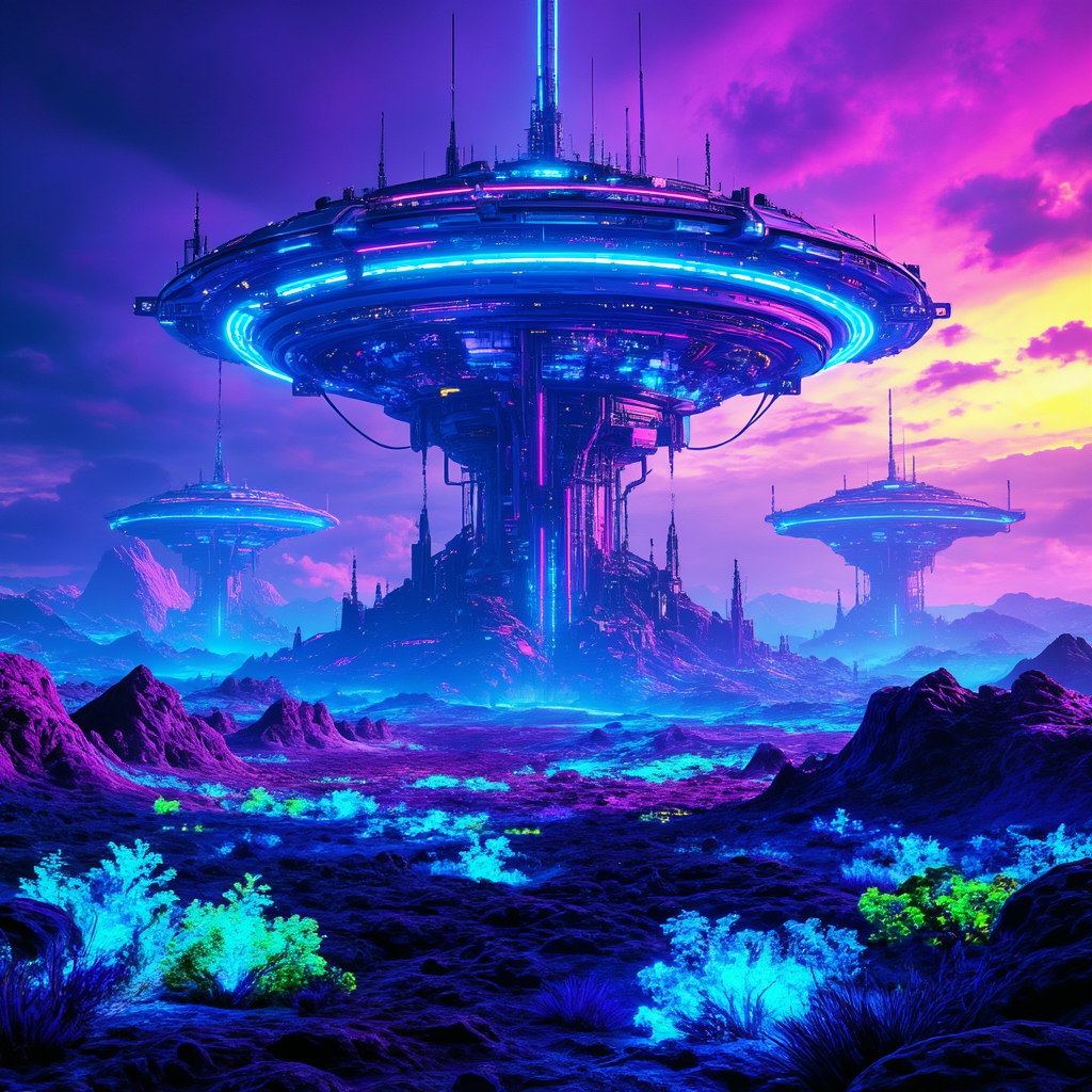neon cyberpunk megastructure hovers