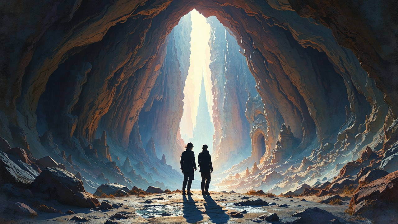 Two silhouettes in colorful