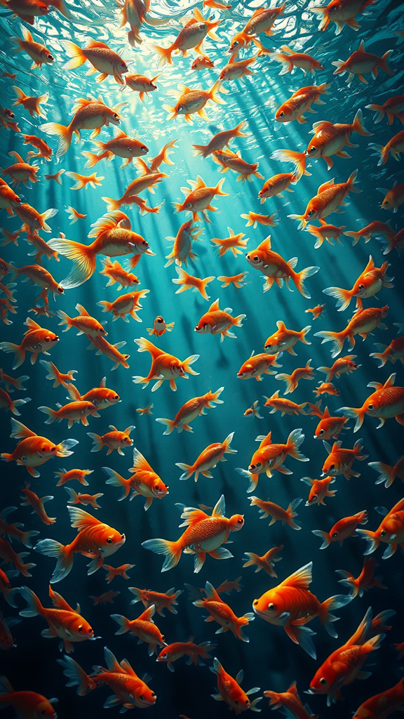 Goldfishes swarm in ocean