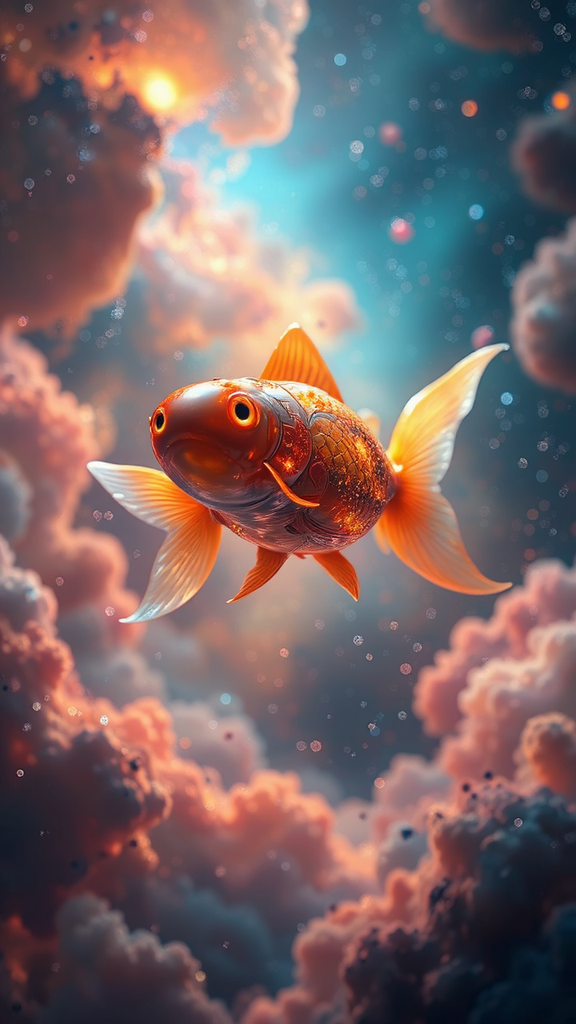 Goldfish-themed spaceship in nebula.