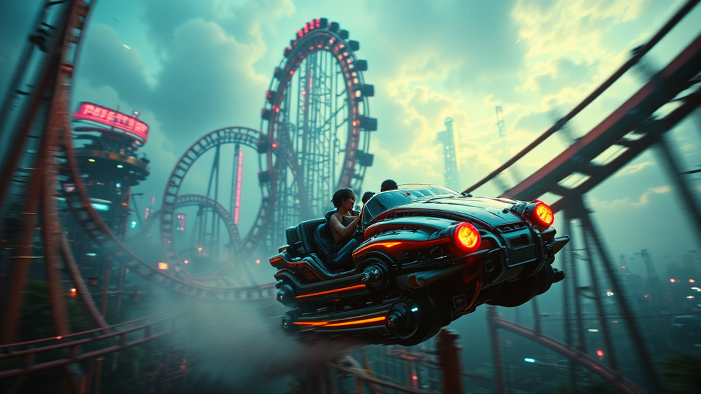 Sci-fi cyberpunk rollercoaster photo.